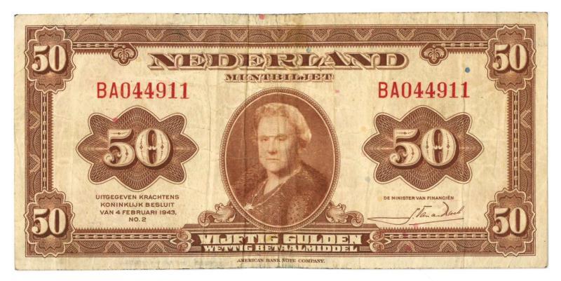 Nederland. 50 gulden. Bankbiljet. Type 1943. Wilhelmina - Fraai.