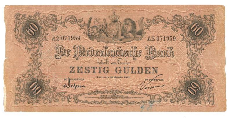 Nederland. 60 gulden. Bankbiljet. Type 1860. - Zeer Fraai +.
