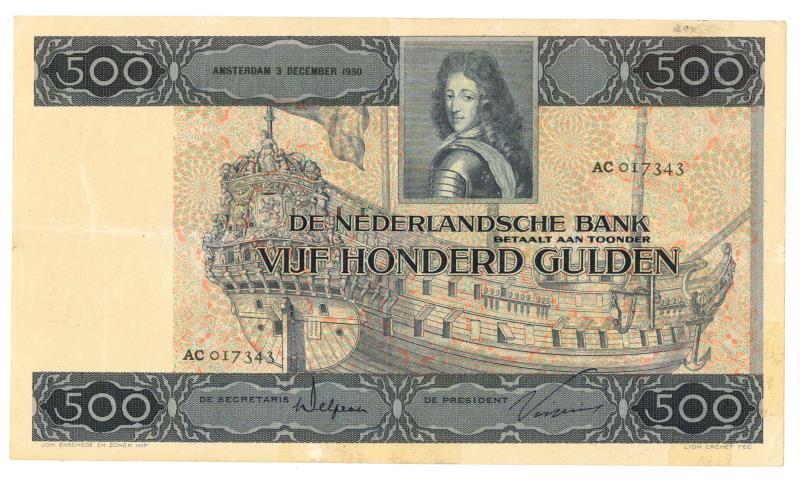 Nederland. 500 gulden. Bankbiljet. Type 1930. Stadhouder Willem III - Zeer Fraai +.