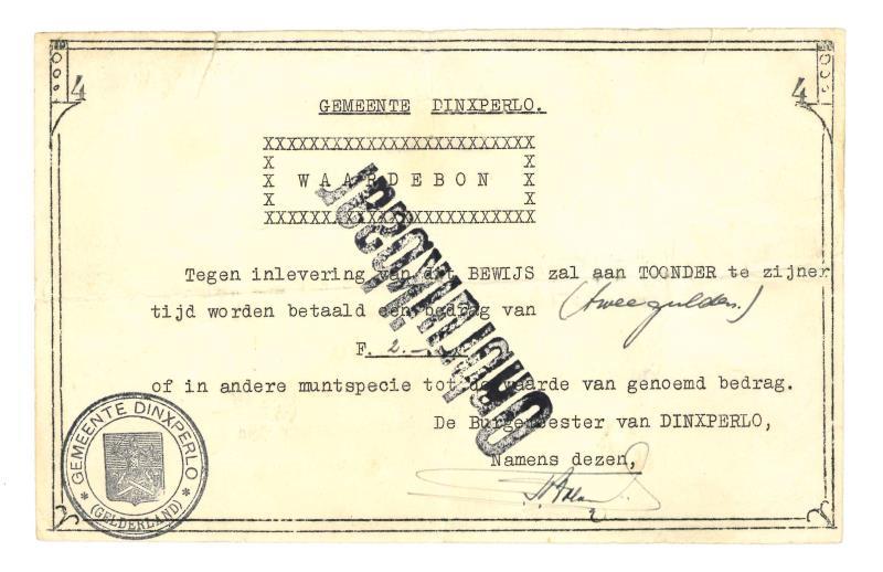 Nederland. 2 gulden. Waardebon. Dinxperlo - Fraai +.