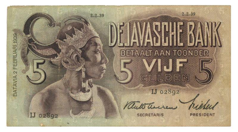 Nederlands-Indië. 5 gulden. Bankbiljet. Type 1933. - Zeer Fraai.
