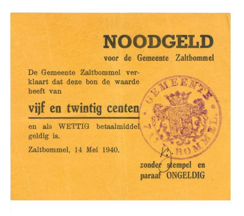 Nederland. 25 cent. Noodgeld. Type 1940. Zaltbommel - UNC.