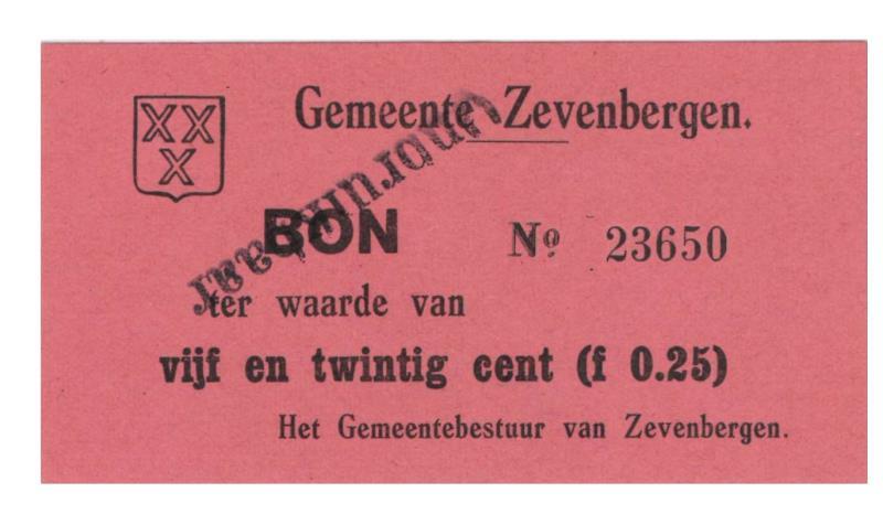 Nederland. 25 cent. Noodgeld. Zevenbergen - Zeer Fraai.