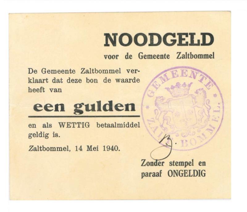 Nederland. 1 gulden. Noodgeld. Type 1940. Zaltbommel - Zeer Fraai.