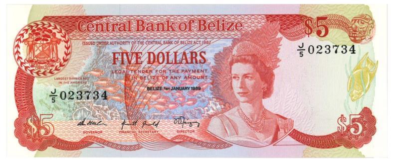 Belize. Dollars. Bankbiljet. 1989. - UNC.