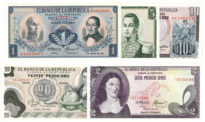 Colombia. Pesos Oro. Bankbiljet. 1973, 1980, 1982, 1976. - UNC.