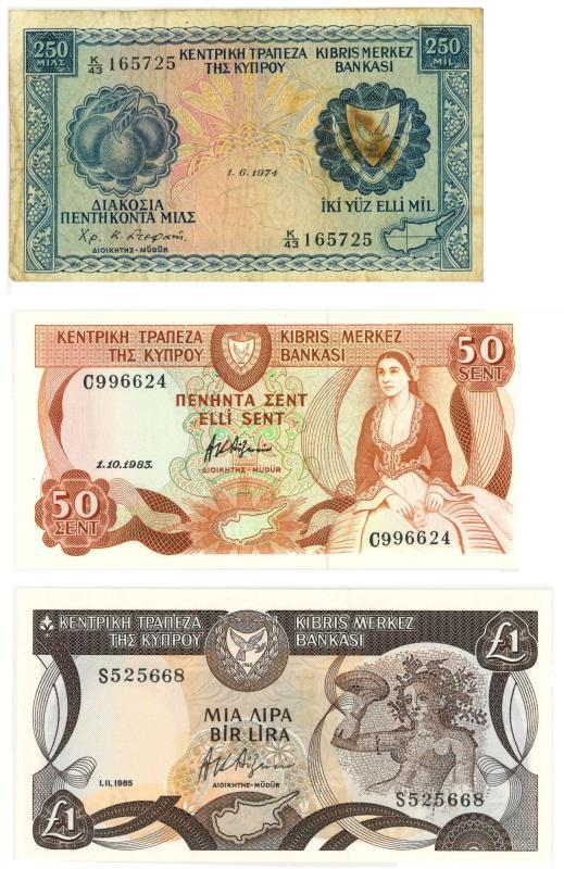 Cyprus. Mils. Bankbiljet. 1974, 1983, 1985. - UNC.