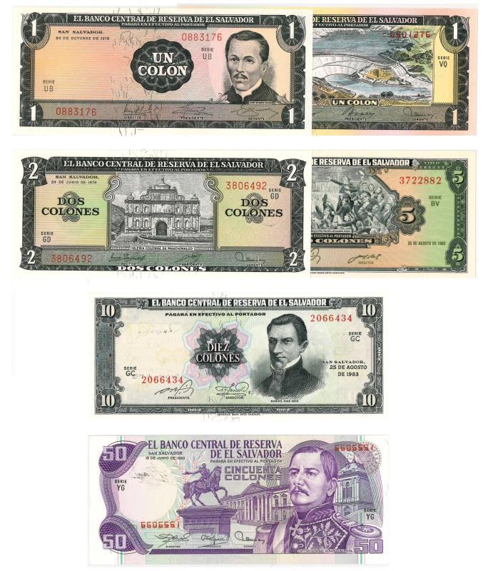 El Savador. Colones. Bankbiljet. 1972, 1979, 1976, 1983, 1980. - UNC.