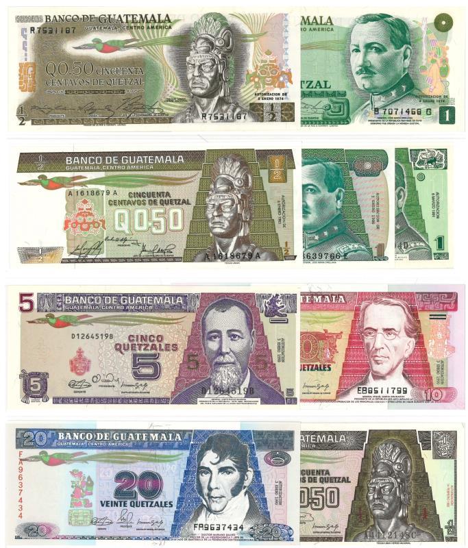 Guatemala. Quetzales. Bankbiljet. 1974, 1983, 1986, 1992, 1991, 1990. - UNC.