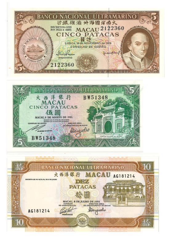 Macau. Patacas. Bankbiljet. 1976, 1981, 1991. - UNC.