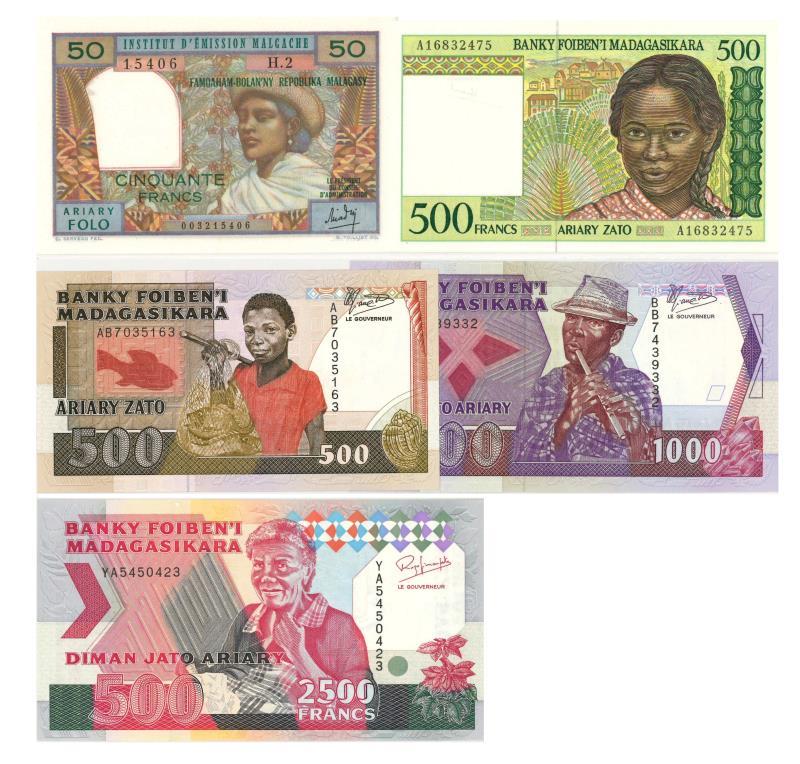 Madagascar. Ariary. Bankbiljet. 1969, 1988, 1993, 1994. - UNC.
