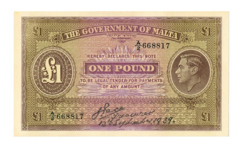 Malta. Liri. Bankbiljet. 1939. - UNC.