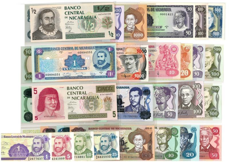 Nicaragua. Cordobas. Bankbiljet. 1972, 1979, 1984, 1985, 1989, 1991. - UNC.