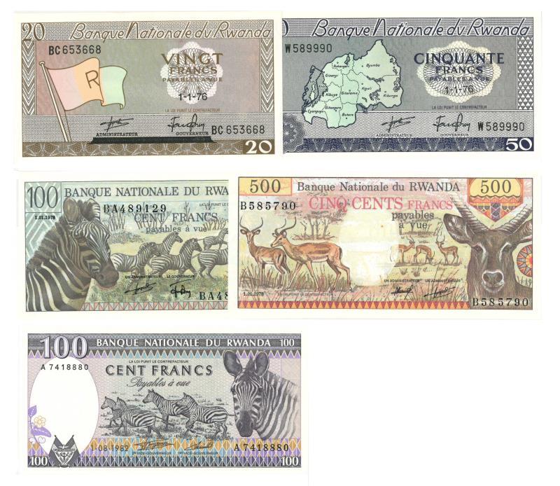 Rwanda. Francs. Bankbiljet. 1976, 1978, 1982. - UNC.