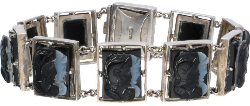 Dubbele cameé armband zilver, met zwarte agaat - 835/1000.