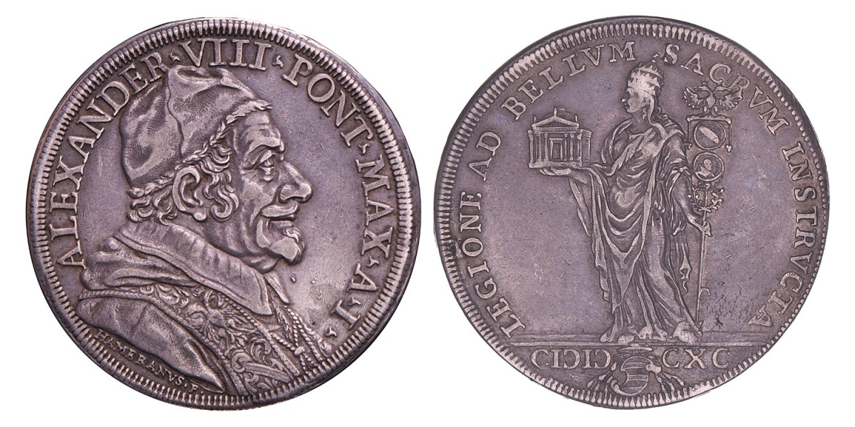 Italian states. Papal states. Alexander VIII. Piastra. 1690.