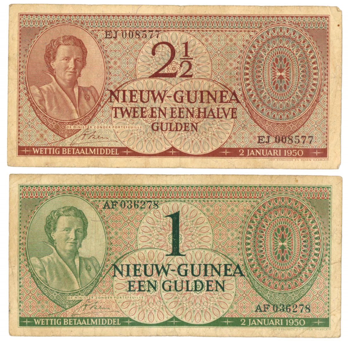 New Guinea 1 and 2½ gulden Banknote Type 1950 - Fine +.