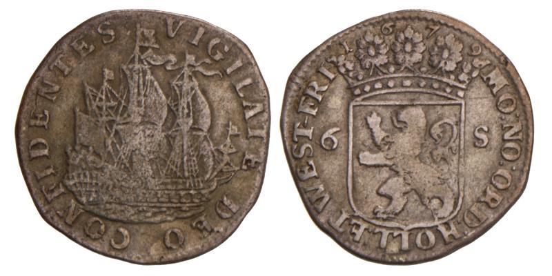 Scheepjesschelling van 6 stuiver Holland 1679. Zeer Fraai -.