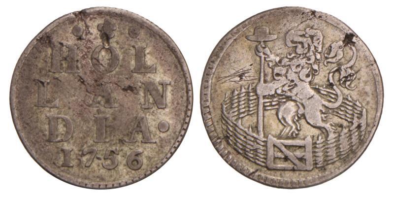 Duit afslag in zilver Holland 1756. Fraai / Zeer Fraai.