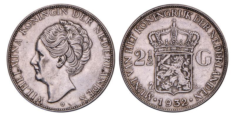 2½ Gulden Wilhelmina 1932 grofhaar. Zeer Fraai.