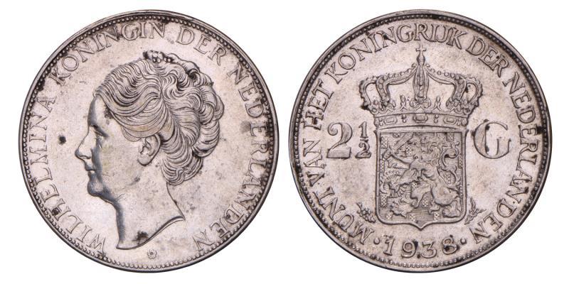 2½ Gulden Wilhelmina 1938. Zeer Fraai.