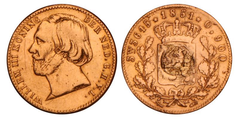5 Gulden goud negotiepenning Willem III 1851. Fraai / Zeer Fraai.