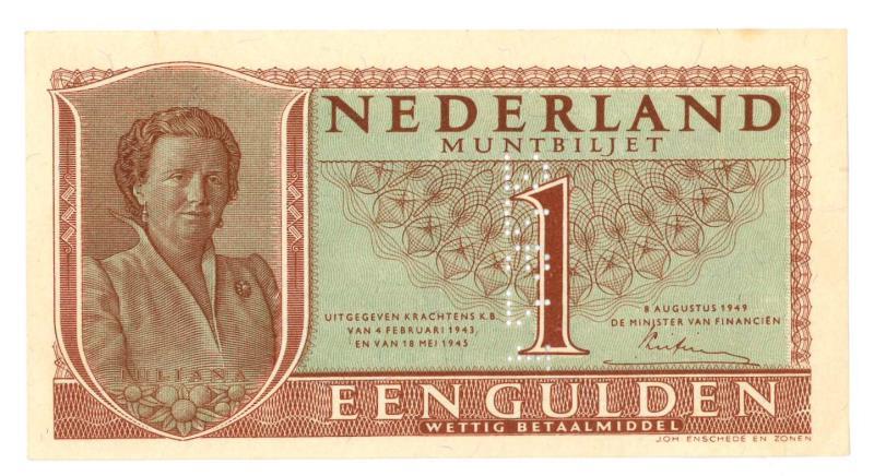 Nederland. 1 gulden. Muntbiljet. Type 1949. Juliana - UNC.