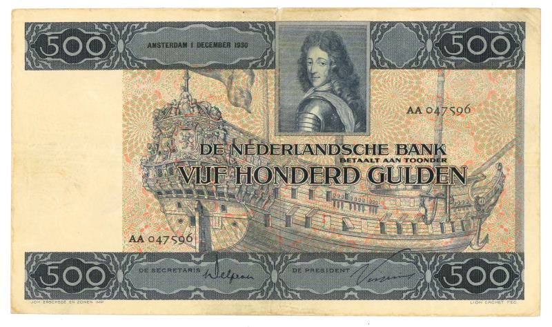 Nederland. 500 gulden. Bankbiljet. Type 1930. Stadhouder Willem III - Zeer Fraai.