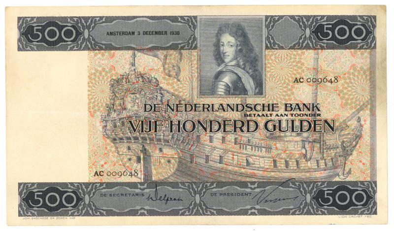 Nederland. 500 gulden. Bankbiljet. Type 1930. Stadhouder Willem III - Zeer Fraai +.