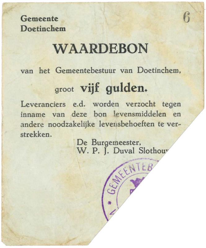 Nederland. 5 gulden. Waardebon. Doetinchem - Zeer Fraai.