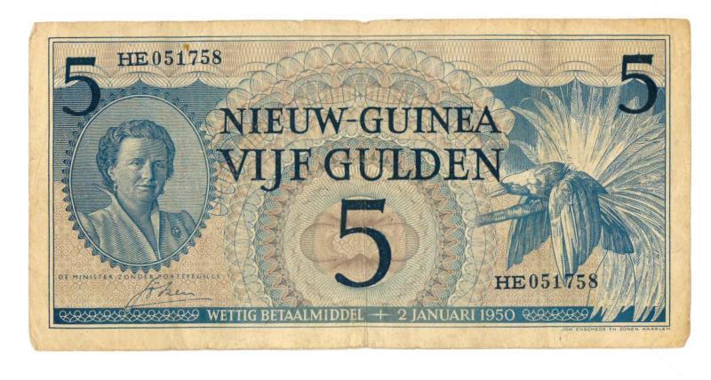 Nieuw-Guinea. 5 gulden. Bankbiljet. Type 1950. - Zeer Fraai.