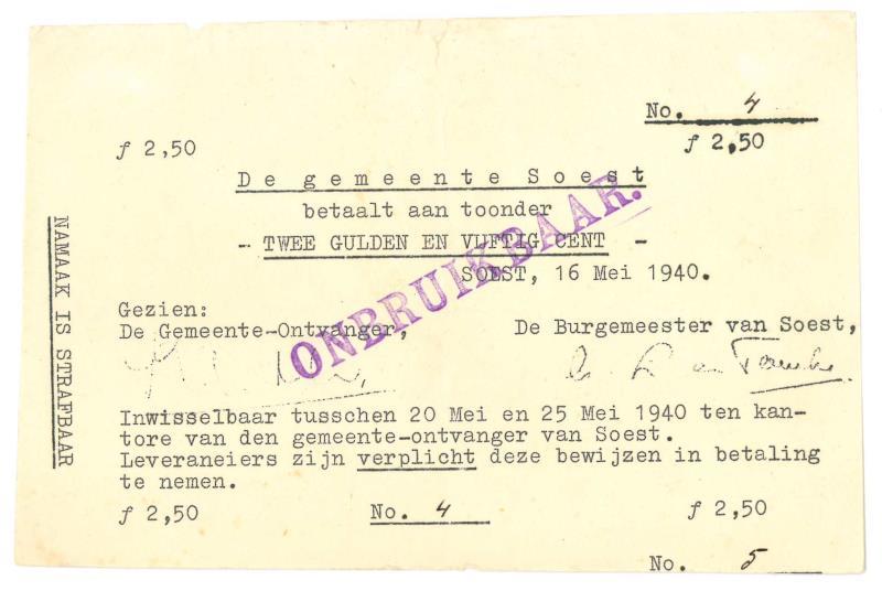 Nederland. 2½ gulden. Noodgeld. Type 1940. Soest - Fraai.