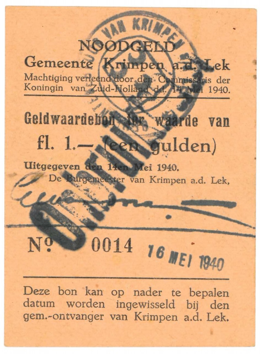 Nederland 1 gulden Noodgeld Type 1940 Krimpen aan de Lek - Zeer Fraai