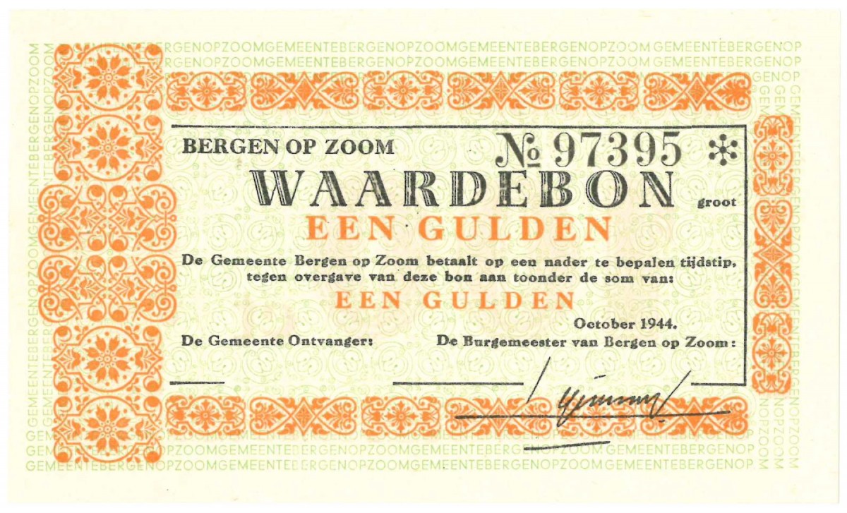 Nederland. 1 gulden. Noodgeld.  Type 1940.  Bergen op Zoom.  - Nagenoeg UNC.