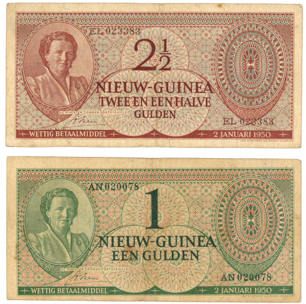 New Guinea 1 and 2½ gulden Banknote Type 1950 - Very fine -