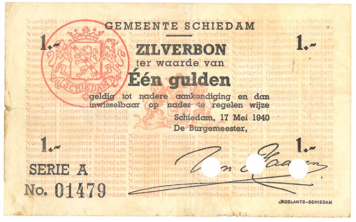 Nederland 1 gulden Noodgeld Type 1940 Schiedam - Fraai