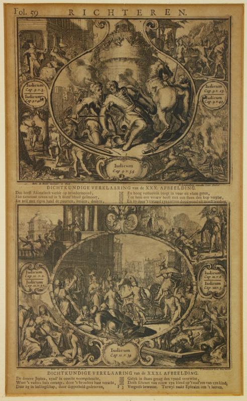 Een kopergravure boekfragment van Richteren. 18e eeuw. 