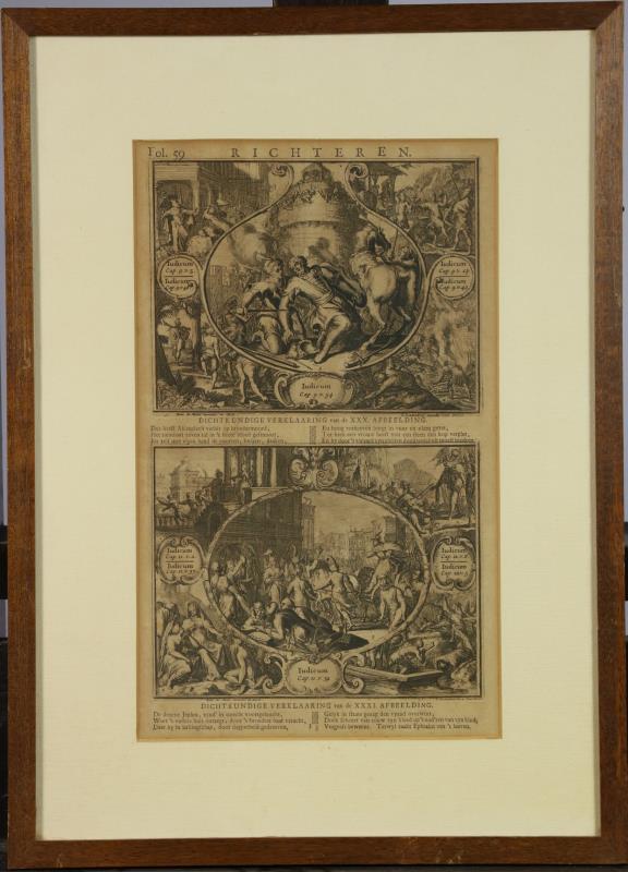 Een kopergravure boekfragment van Richteren. 18e eeuw. 