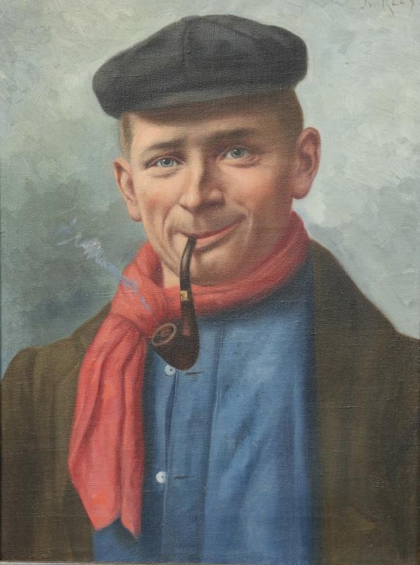 Een koopje van drie schilderijen, voorstellende vissers en een boer, een gesigneerd P. de Kok en twee maal J. van der Kley, olieverf op doek.