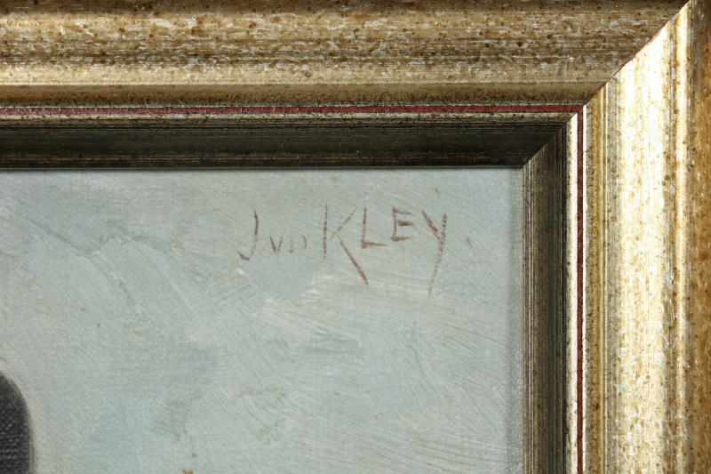 Een koopje van drie schilderijen, voorstellende vissers en een boer, een gesigneerd P. de Kok en twee maal J. van der Kley, olieverf op doek.