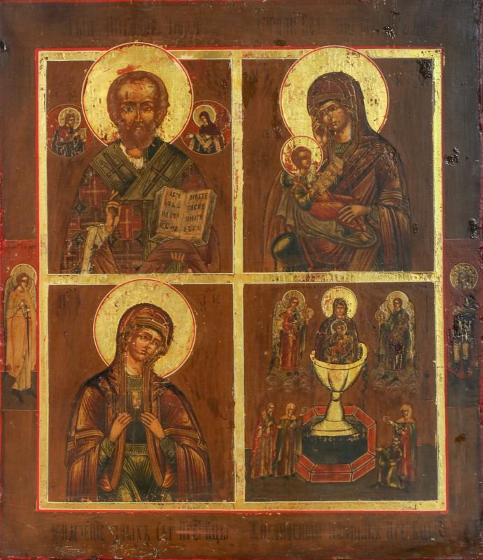 Een Pokrov Icoon met diverse heiligen waaronder Petrus en Maria, Rusland, 19e eeuw.