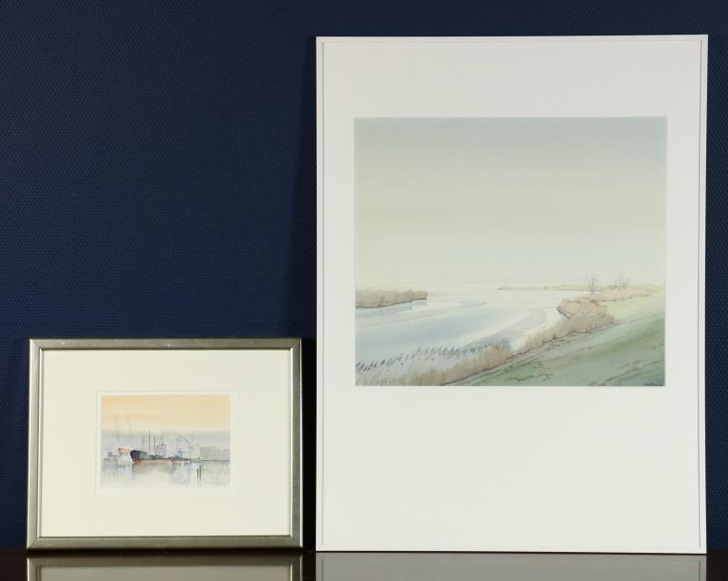 Twee aquarellen waaronder: Gerrit Neven, Polderlandschap, gesigneerd en gedateerd '90 rechtsonder; Geer Rokes, Graanelevatoren in de haven van Rotterdam, gesigneerd rechtsonder, aquarel, 20e eeuw.
