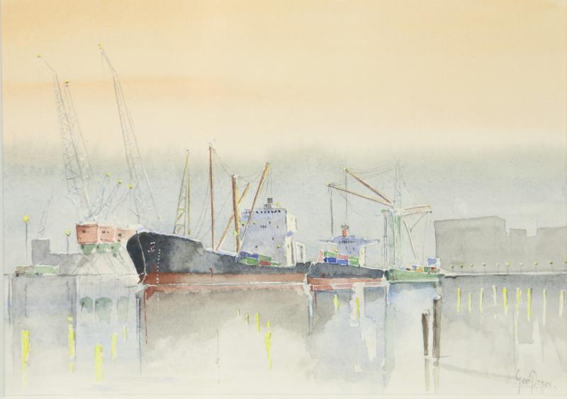 Twee aquarellen waaronder: Gerrit Neven, Polderlandschap, gesigneerd en gedateerd '90 rechtsonder; Geer Rokes, Graanelevatoren in de haven van Rotterdam, gesigneerd rechtsonder, aquarel, 20e eeuw.
