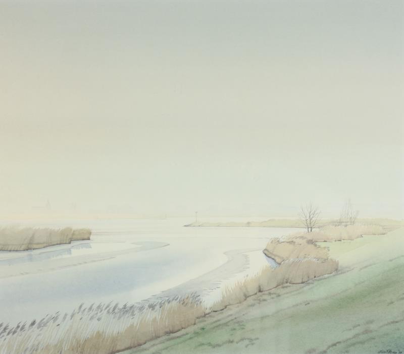 Twee aquarellen waaronder: Gerrit Neven, Polderlandschap, gesigneerd en gedateerd '90 rechtsonder; Geer Rokes, Graanelevatoren in de haven van Rotterdam, gesigneerd rechtsonder, aquarel, 20e eeuw.
