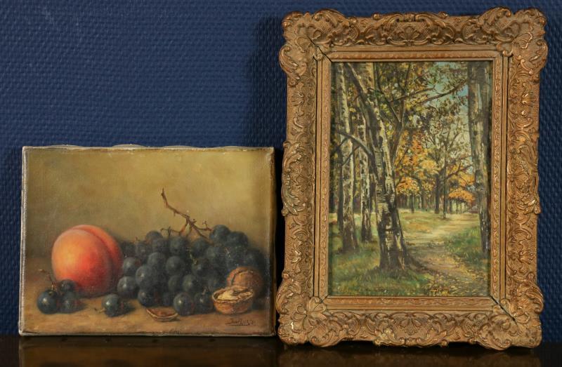 Hollandse School, twee schilderijen waaronder: Jan Bogaert, Berkenbos, gesigneerd (linksonder), olieverf op doek en daarbij: Jan Flier, Een fruitstilleven, gesigneerd en gedateerd '1951' (rechtsonder), olieverf op doek. 