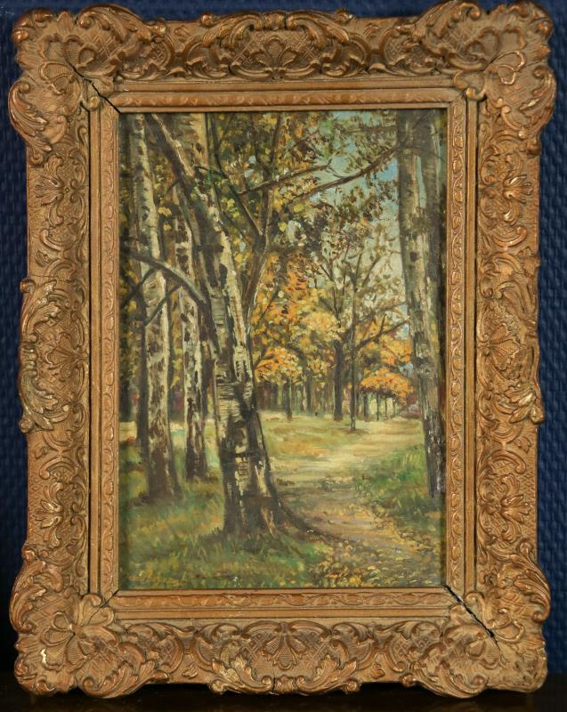 Hollandse School, twee schilderijen waaronder: Jan Bogaert, Berkenbos, gesigneerd (linksonder), olieverf op doek en daarbij: Jan Flier, Een fruitstilleven, gesigneerd en gedateerd '1951' (rechtsonder), olieverf op doek. 