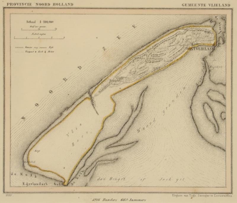 Een hand ingekleurde kaart van Vlieland, naar een eerdere uitgave van Hugo Suringar, Leeuwarden, schaal 1:100.000