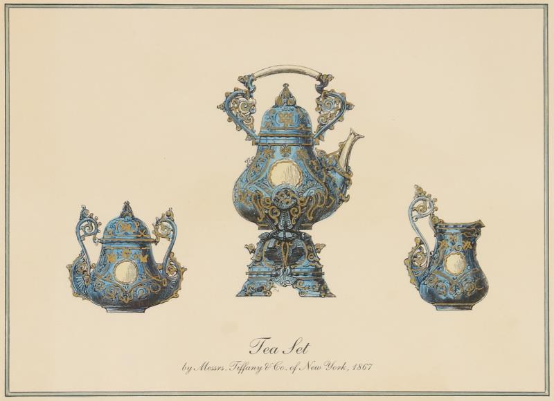 Drie handingekleurde prenten met ontwerpen van Tiffany & Co. New York, heruitgave van het origineel uit 1867.