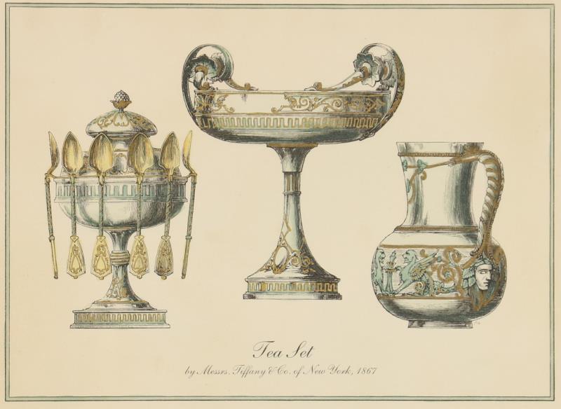 Drie handingekleurde prenten met ontwerpen van Tiffany & Co. New York, heruitgave van het origineel uit 1867.