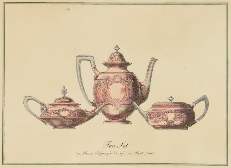 Drie handingekleurde prenten met ontwerpen van Tiffany & Co. New York, heruitgave van het origineel uit 1867.